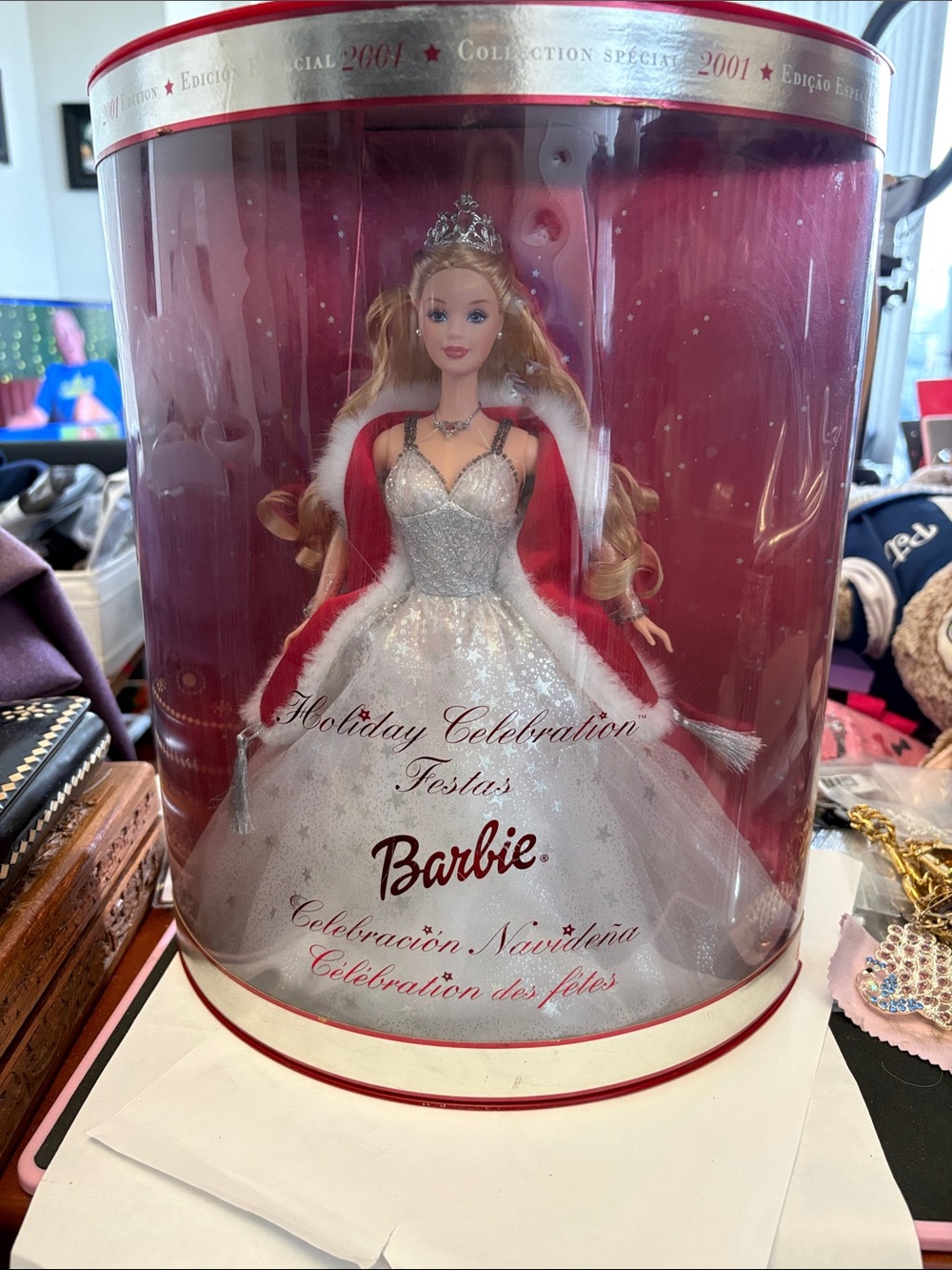 2001 Barbie Holiday Celebration Doll in Silver Gown with Red Cape Special Sealed